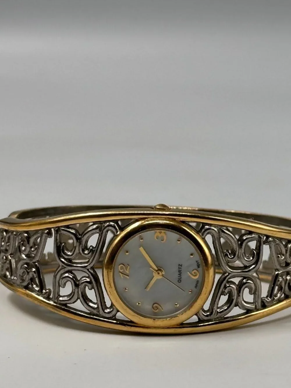 Avon Butterfly Watch Women Silver Gold Two Tone Mother of Pearl Dial Works